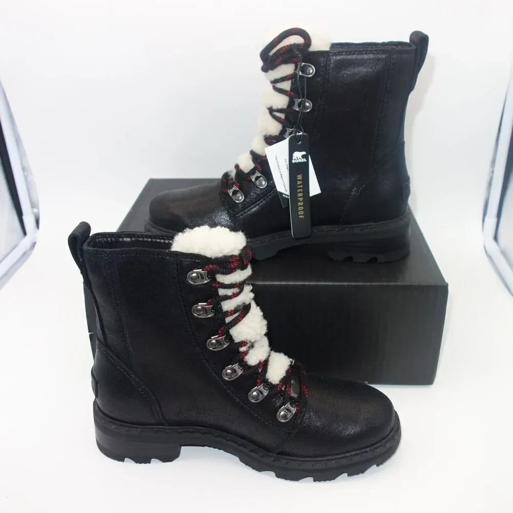 NEW Sorel Women's 5 Lennox Lace Cozy Boots Waterproof Shearling Lug  Black